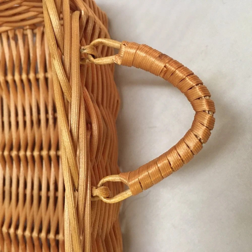 Wicker Serving Basket Medium Tan Rectangular Woven Tray Cottagecore Swing Handle